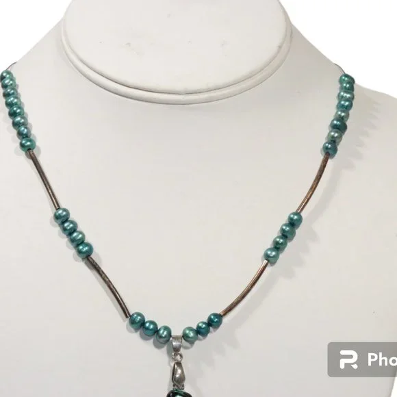 Blue Pearl Handblown Glass Pendant Handmade Necklace - Picture 4 of 7